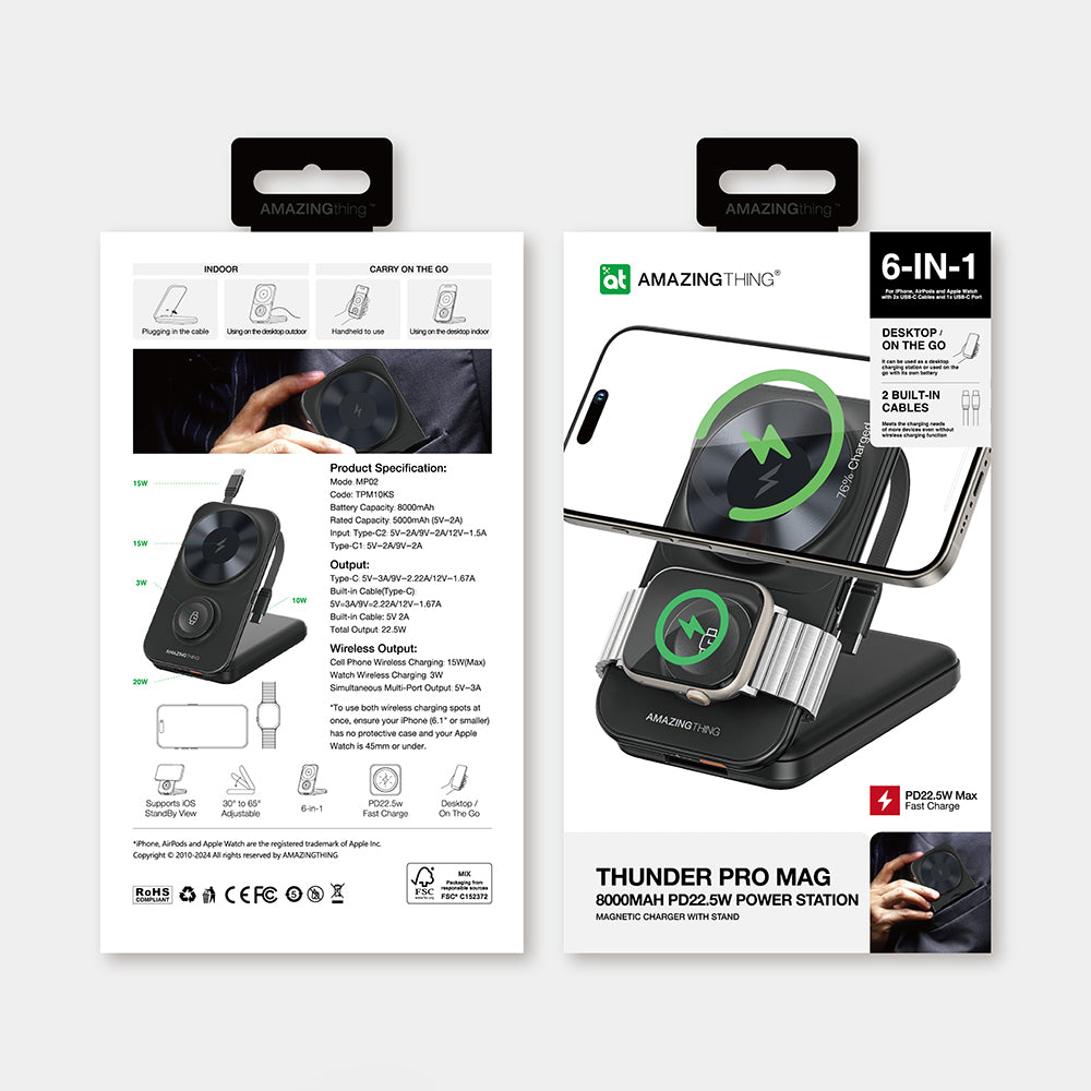 Amazingthing Thunder Pro Mag 6in1 PD22.5W Katlanabilir Standlı Kablosuz Powerbank 8000mAh Siyah