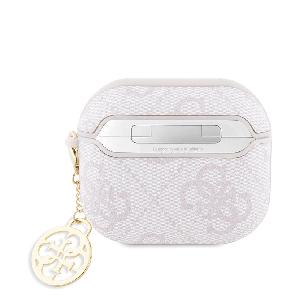 Apple Airpods 3.Nesil Kılıf Guess Orjinal Lisanslı 4G Desenli Metal Script Logolu 4G Charm PU Deri Kapak Pembe