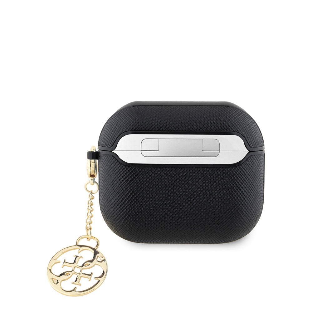 Apple Airpods 3.Nesil Kılıf Guess Orjinal Lisanslı Dokulu 4G Yuvarlak Charm Saffiano Kılıf Siyah