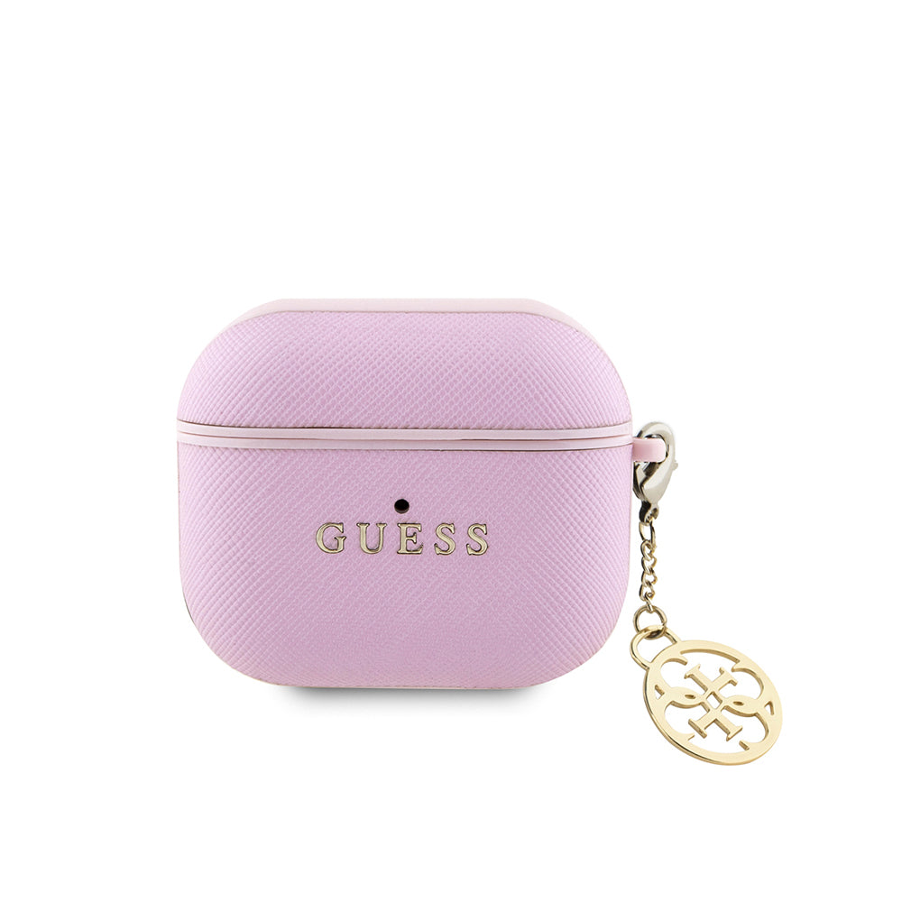 Apple Airpods 3.Nesil Kılıf Guess Orjinal Lisanslı Dokulu 4G Yuvarlak Charm Saffiano Kılıf Siyah