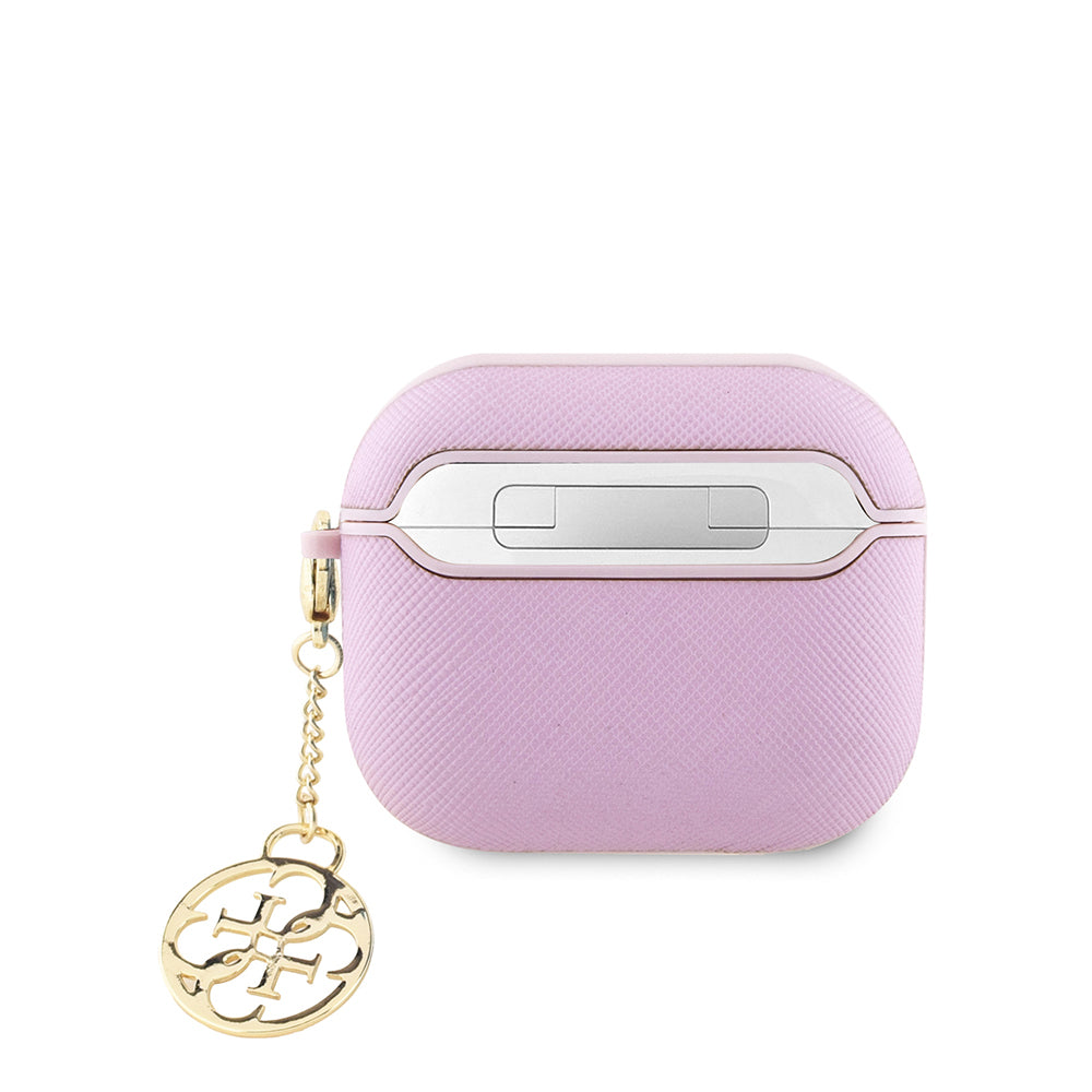 Apple Airpods 3.Nesil Kılıf Guess Orjinal Lisanslı Dokulu 4G Yuvarlak Charm Saffiano Kılıf Pembe