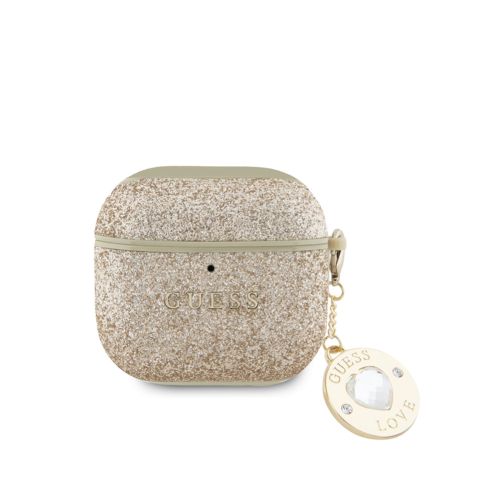 Apple Airpods 4 Kılıf Guess Orjinal Lisanslı Glitter Elmas Kalp Süs Zincirli Kapak Gold