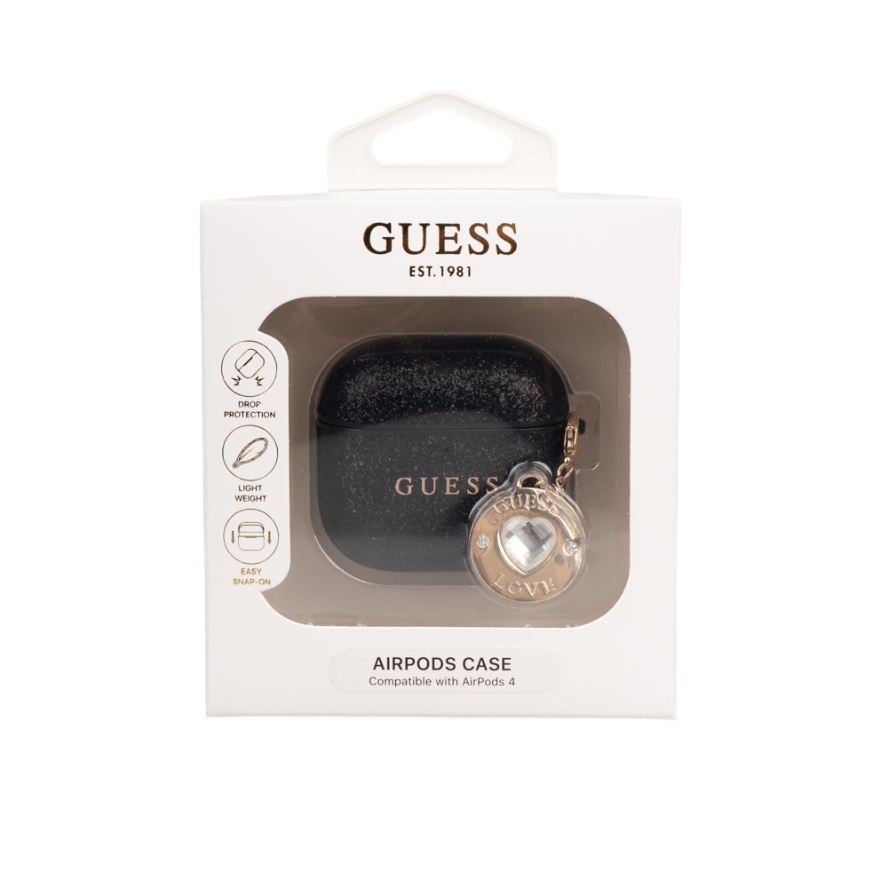 Apple Airpods 4 Kılıf Guess Orjinal Lisanslı Glitter Elmas Kalp Süs Zincirli Kapak Gold