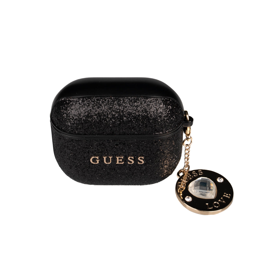 Apple Airpods 4 Kılıf Guess Orjinal Lisanslı Glitter Elmas Kalp Süs Zincirli Kapak Siyah