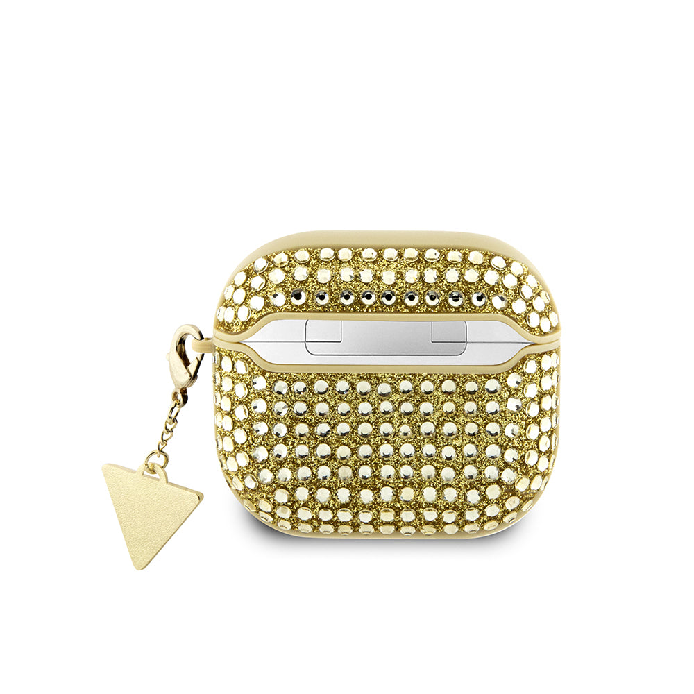 Apple Airpods 4 Kılıf Guess Orjinal Lisanslı Parıltılı Taş Kaplamalı Üçgen Logo Süs Zincirli Kapak Siyah