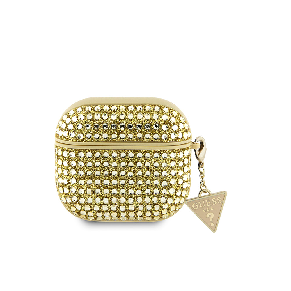 Apple Airpods 4 Kılıf Guess Orjinal Lisanslı Parıltılı Taş Kaplamalı Üçgen Logo Süs Zincirli Kapak Gold