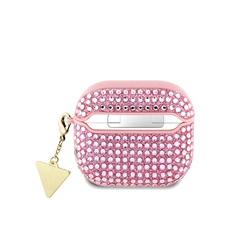 Apple Airpods 4 Kılıf Guess Orjinal Lisanslı Parıltılı Taş Kaplamalı Üçgen Logo Süs Zincirli Kapak Gümüş