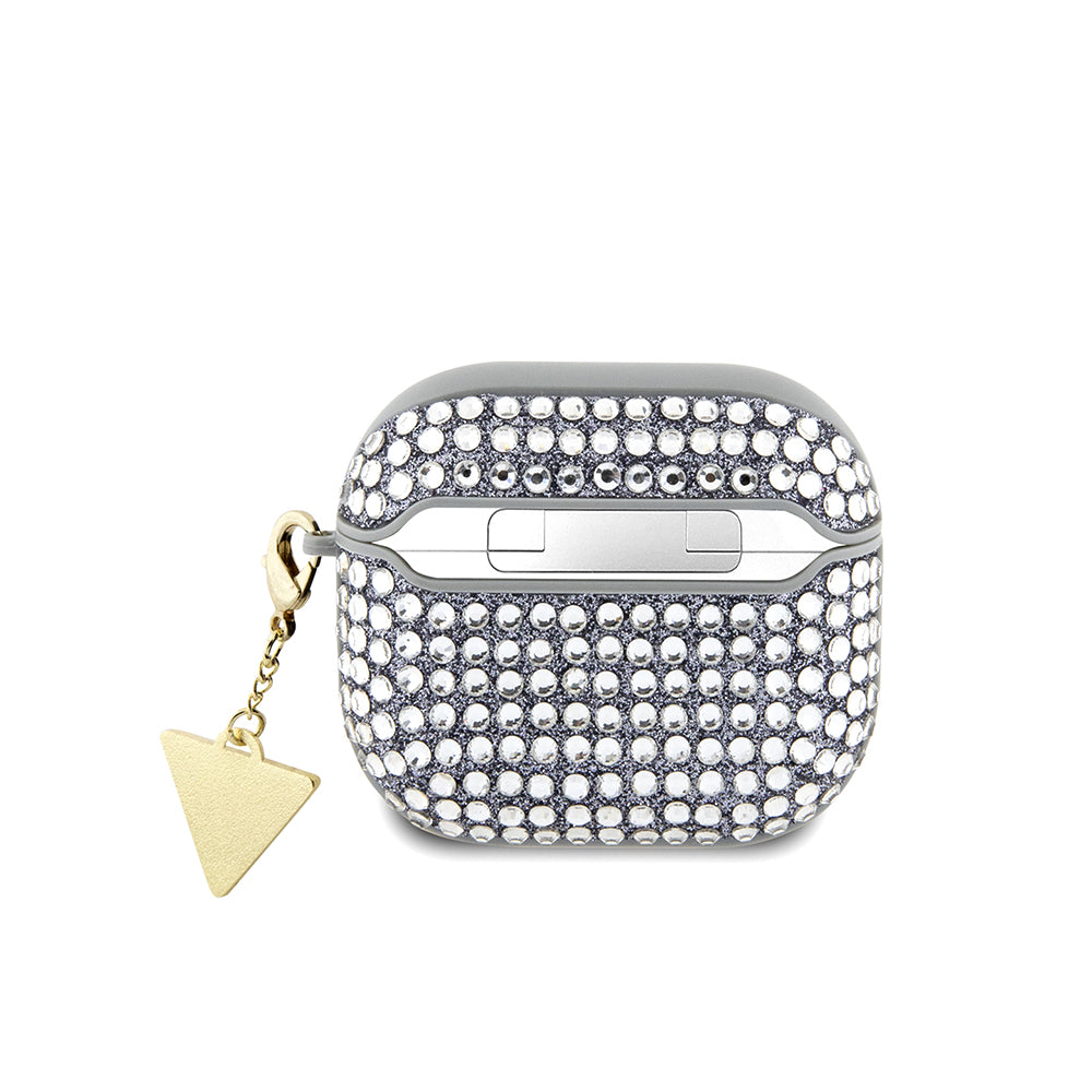 Apple Airpods 4 Kılıf Guess Orjinal Lisanslı Parıltılı Taş Kaplamalı Üçgen Logo Süs Zincirli Kapak Gümüş