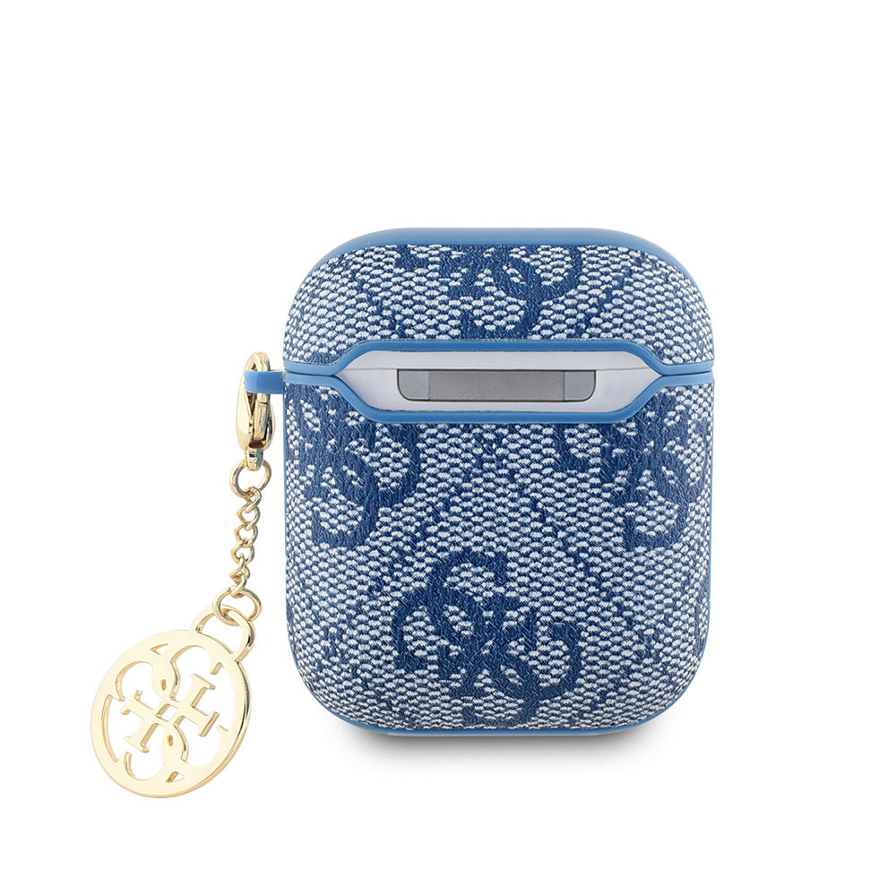 Apple Airpods Kılıf Guess Orjinal Lisanslı 4G Desenli Metal Script Logolu 4G Charm PU Deri Kapak Mavi
