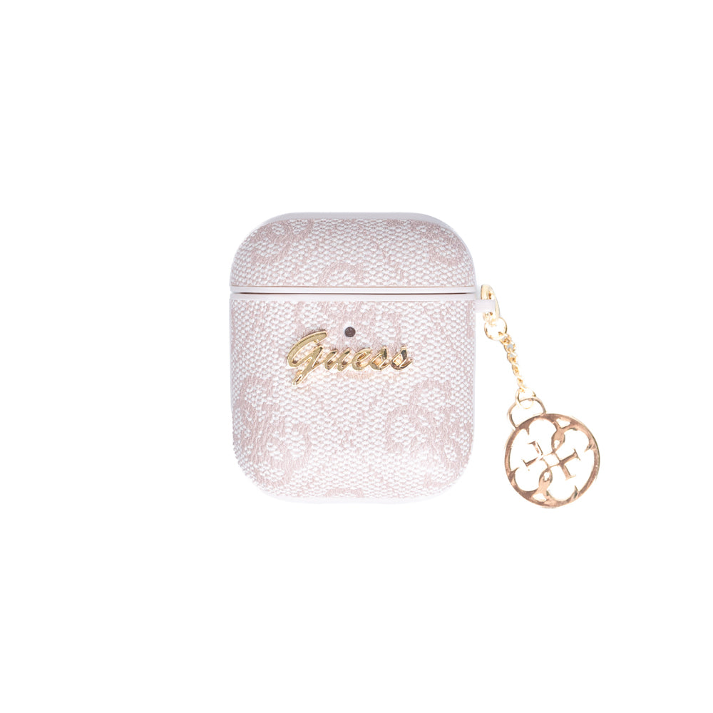Apple Airpods Kılıf Guess Orjinal Lisanslı 4G Desenli Metal Script Logolu 4G Charm Sağdan Askılı PU Deri Kılıf Pembe