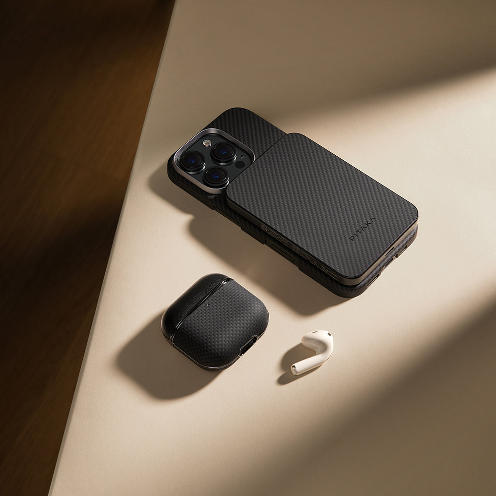 Apple Airpods Pro 2 Kılıf 1500D Aramid Fiber Pitaka Ultra-Slim Classic Serisi Black-Grey Twill Kapak Siyah-Gri