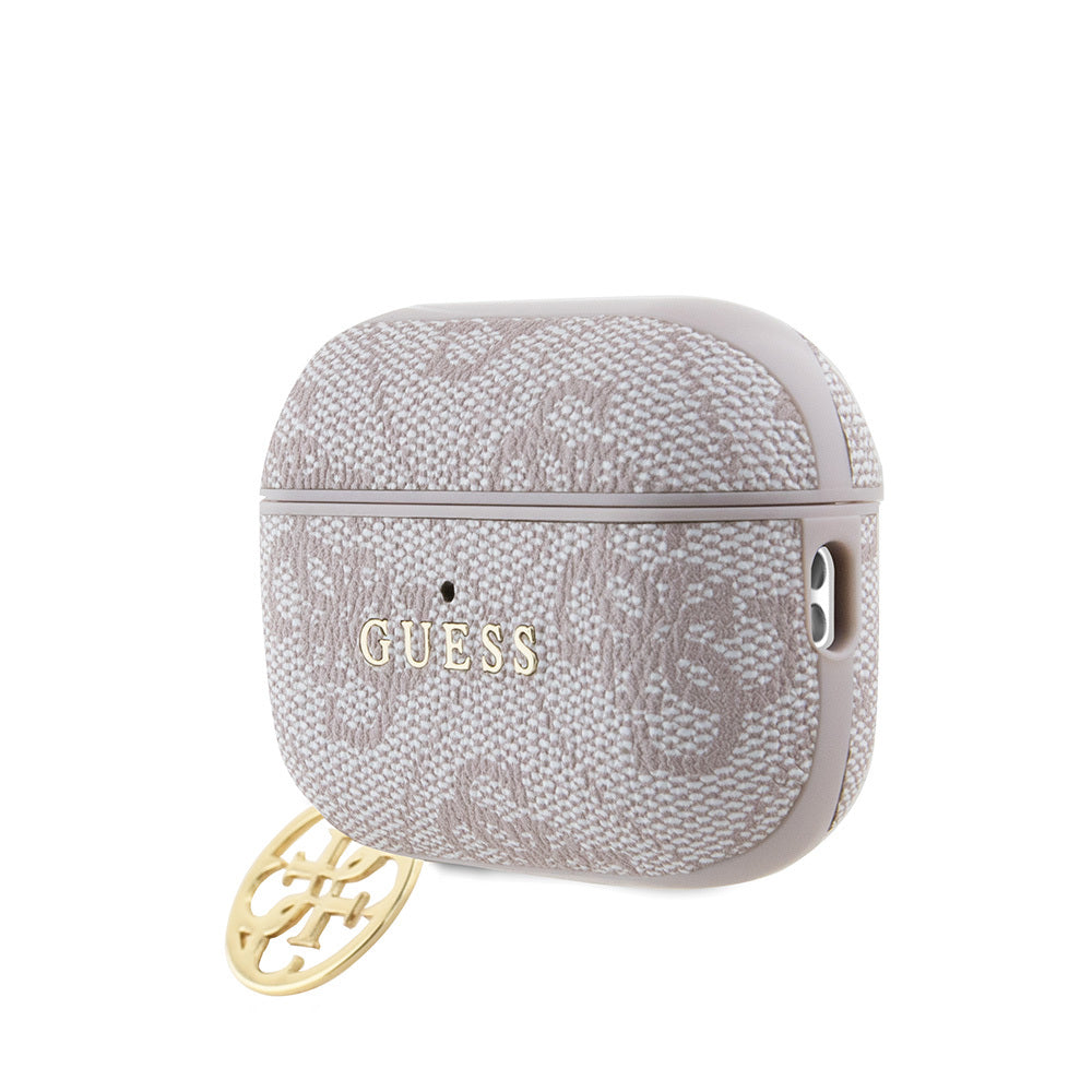 Apple Airpods Pro 2 Kılıf Guess Orjinal Lisanslı 4G Desenli Metal Klasik Logolu 4G Charm PU Deri Kılıf Pembe