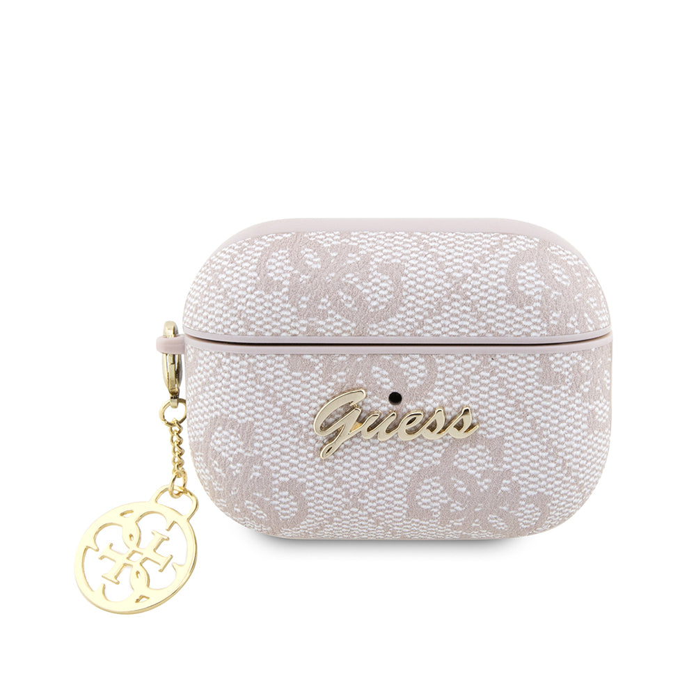 Apple Airpods Pro 2 Kılıf Guess Orjinal Lisanslı 4G Desenli Metal Script Logolu 4G Charm PU Deri Kapak Kahverengi