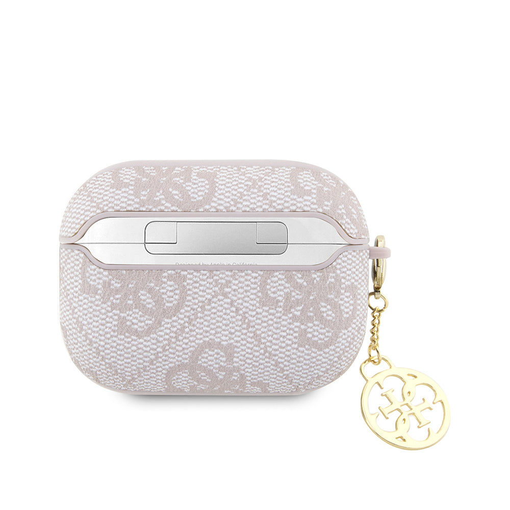 Apple Airpods Pro 2 Kılıf Guess Orjinal Lisanslı 4G Desenli Metal Script Logolu 4G Charm PU Deri Kapak Pembe