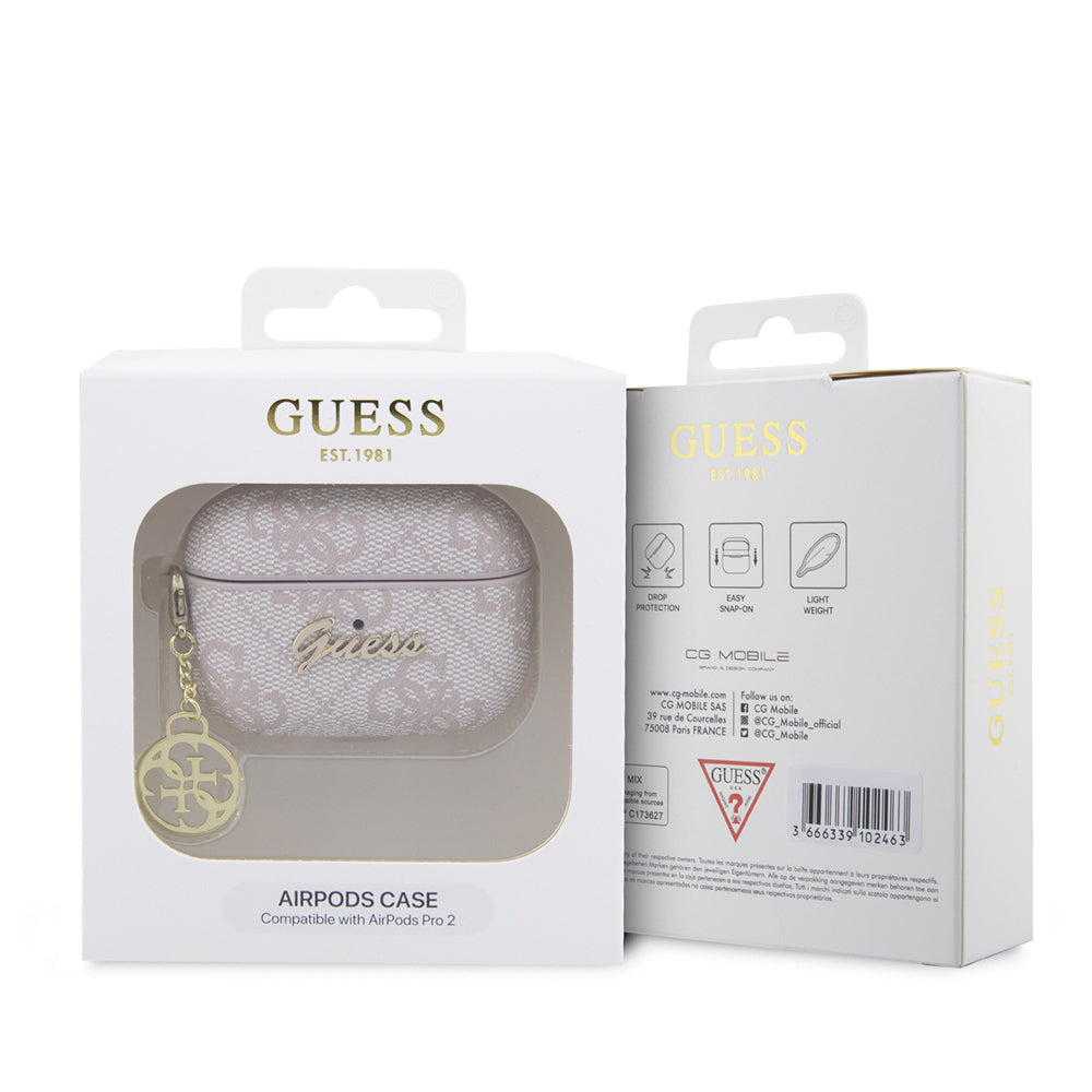 Apple Airpods Pro 2 Kılıf Guess Orjinal Lisanslı 4G Desenli Metal Script Logolu 4G Charm PU Deri Kapak Pembe