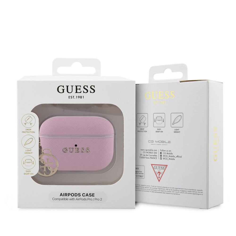 Apple Airpods Pro 2 Kılıf Guess Orjinal Lisanslı Dokulu 4G Yuvarlak Süs Zincirli Saffiano Kılıf Siyah