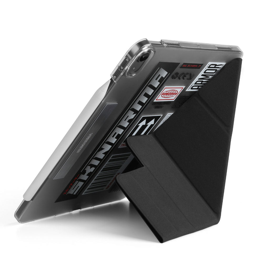 Apple iPad Air 10.9 2022 (5.Nesil) Kılıf SkinArma Sticker Tasarımlı Kalemlikli Arkası Şeffaf Standlı Magnetik Taito Kılıf Siyah