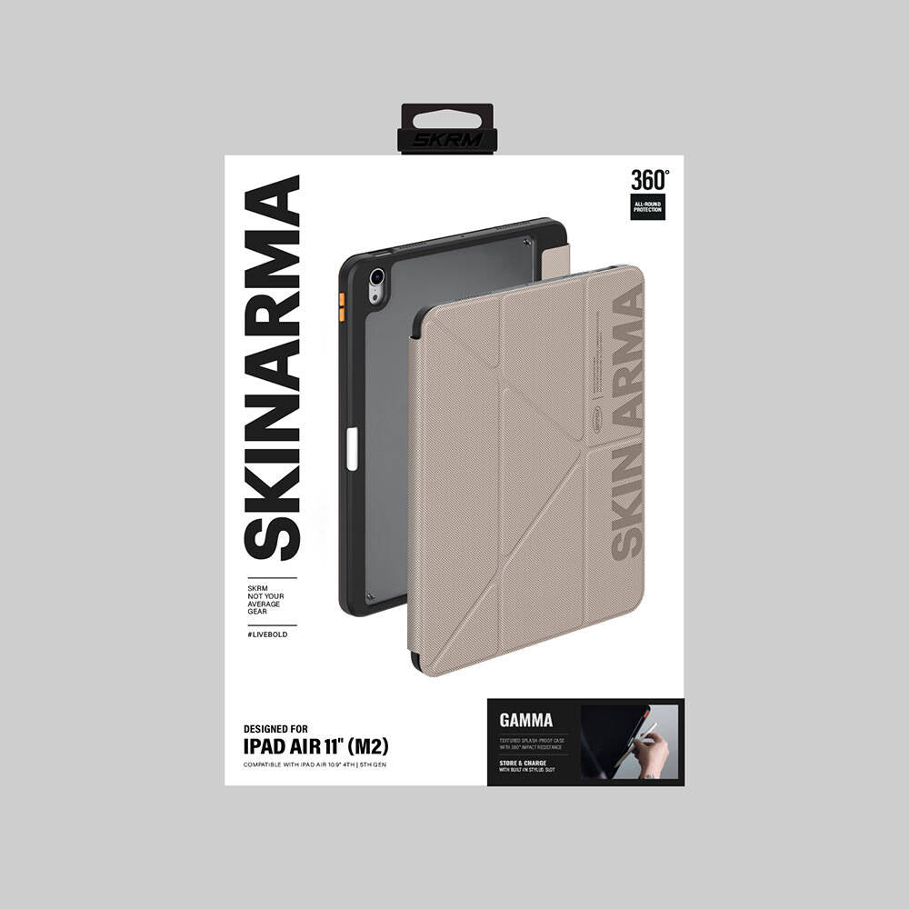 Apple iPad Air 11 2024 Kılıf SkinArma Kabartma Baskı Tasarımlı 360 Tam Koruma Arkası Şeffaf Standlı Gamma Kılıf Siyah