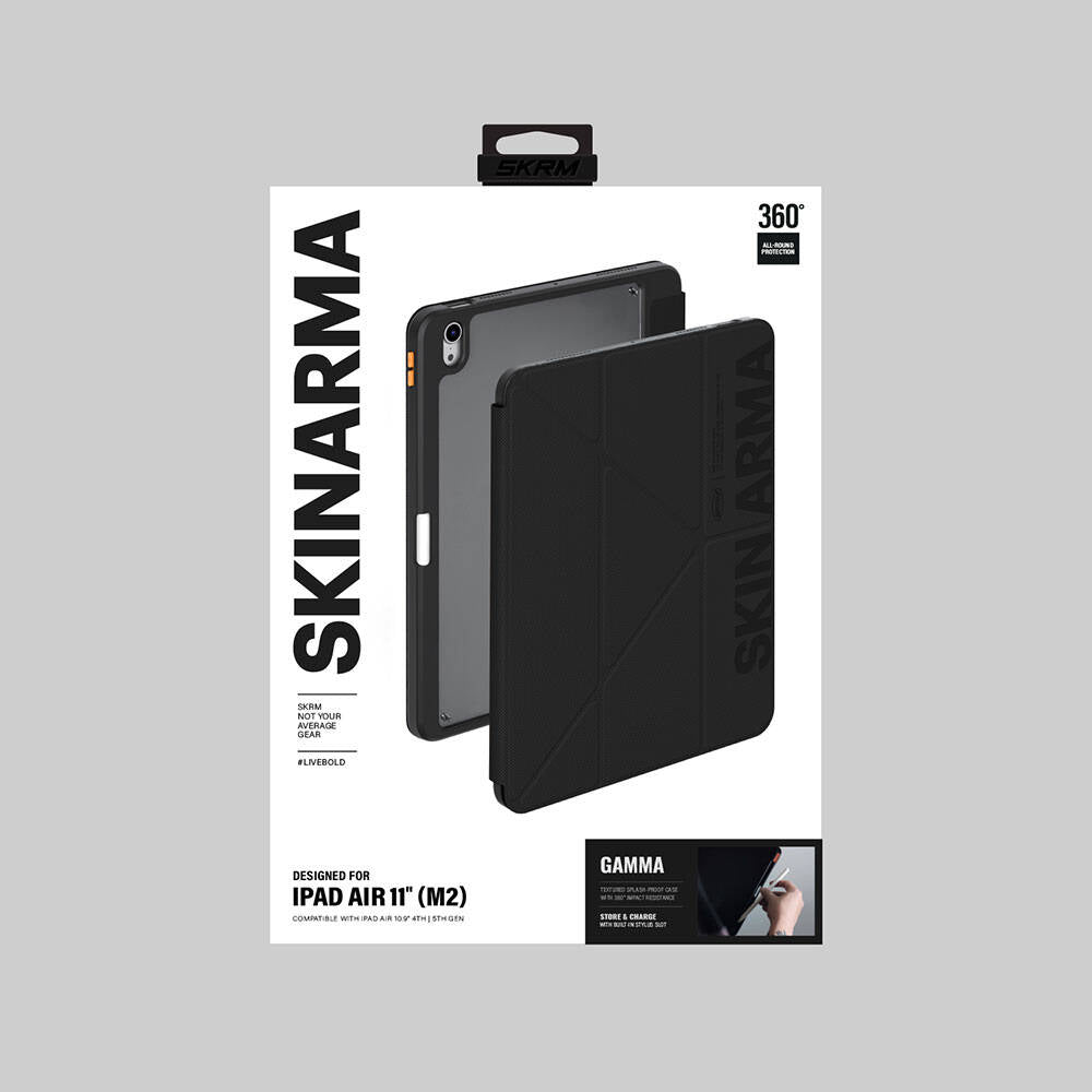 Apple iPad Air 11 2024 Kılıf SkinArma Kabartma Baskı Tasarımlı 360 Tam Koruma Arkası Şeffaf Standlı Gamma Kılıf Gold