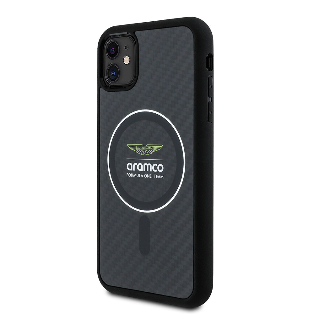 Apple iPhone 11 Kılıf Aston Martin Orjinal Lisanslı M-safe Şarj Özellikli Renkli Halka ve Karbon Fiber Tasarımlı Kapak Siyah-Gümüş