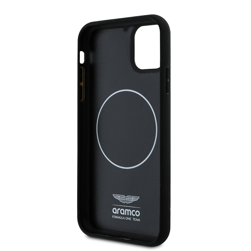 Apple iPhone 11 Kılıf Aston Martin Orjinal Lisanslı M-safe Şarj Özellikli Renkli Halka ve Karbon Fiber Tasarımlı Kapak Siyah-Gümüş