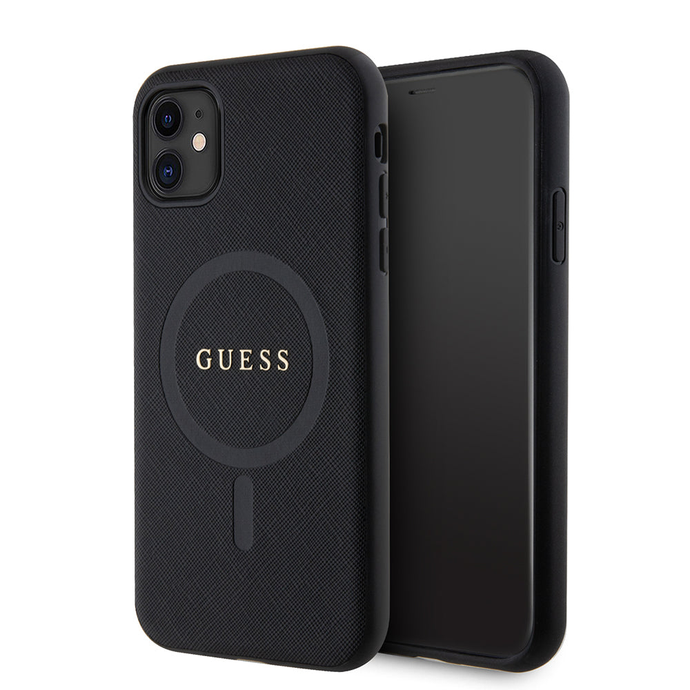 Apple iPhone 11 Kılıf Guess Orjinal Lisanslı M-safe Şarj Özellikli Yazı Logolu Saffiano Classic Kapak Siyah