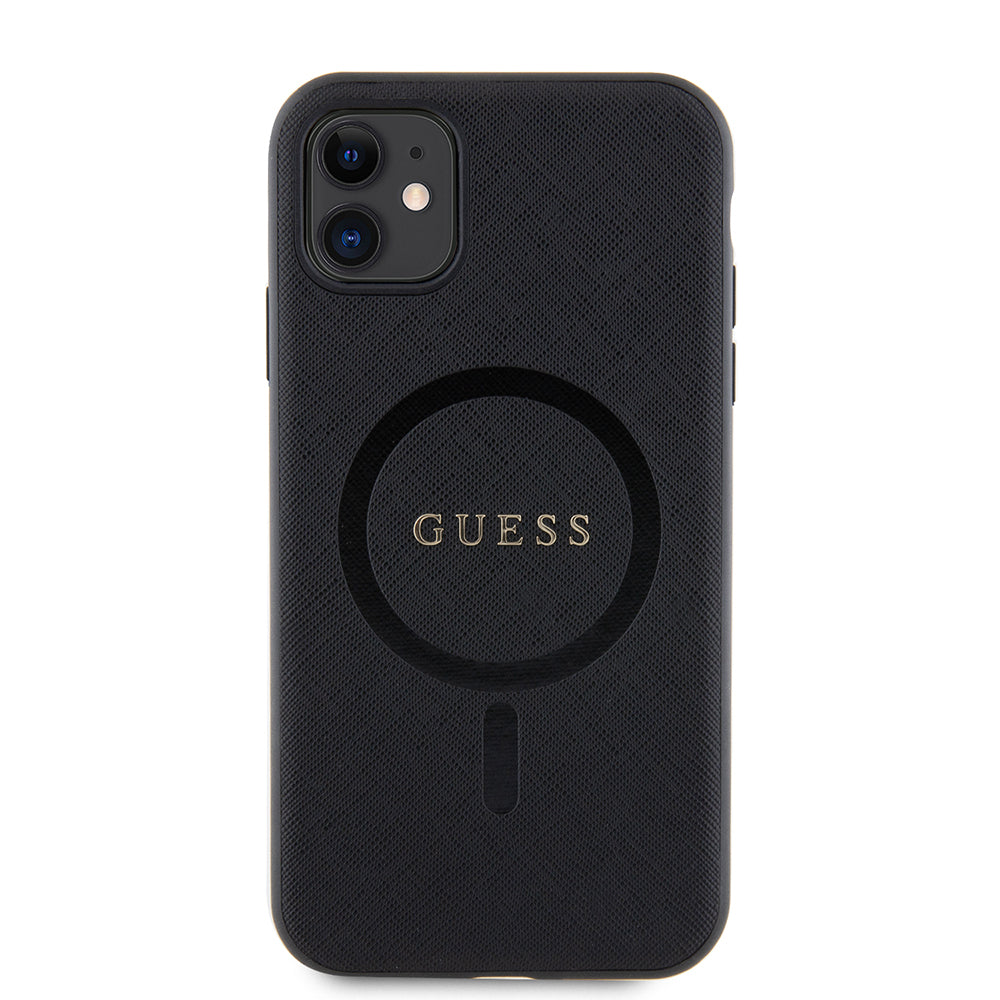 Apple iPhone 11 Kılıf Guess Orjinal Lisanslı M-safe Şarj Özellikli Yazı Logolu Saffiano Classic Kapak Siyah