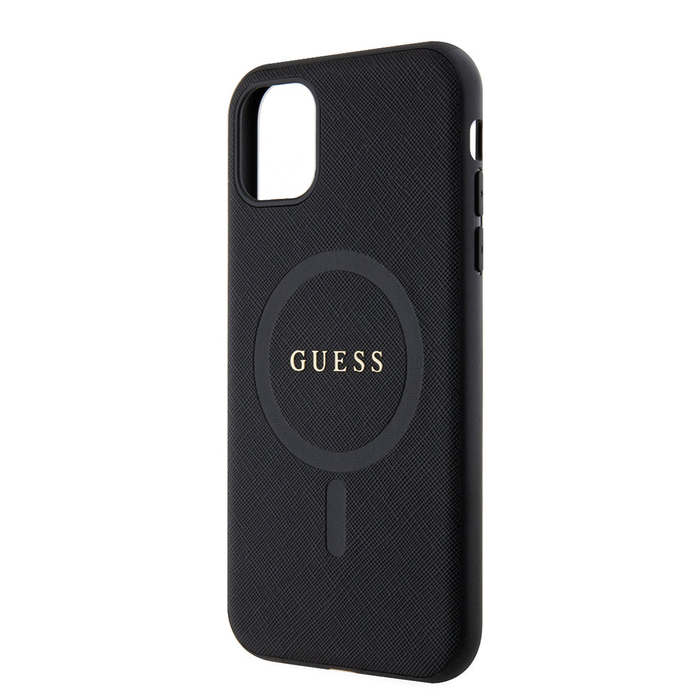 Apple iPhone 11 Kılıf Guess Orjinal Lisanslı M-safe Şarj Özellikli Yazı Logolu Saffiano Classic Kapak Siyah