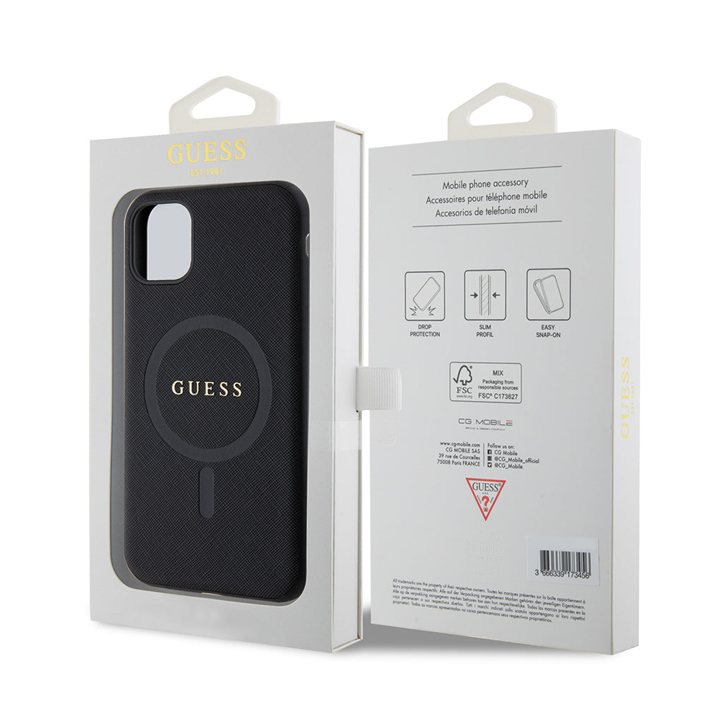 Apple iPhone 11 Kılıf Guess Orjinal Lisanslı M-safe Şarj Özellikli Yazı Logolu Saffiano Classic Kapak Siyah