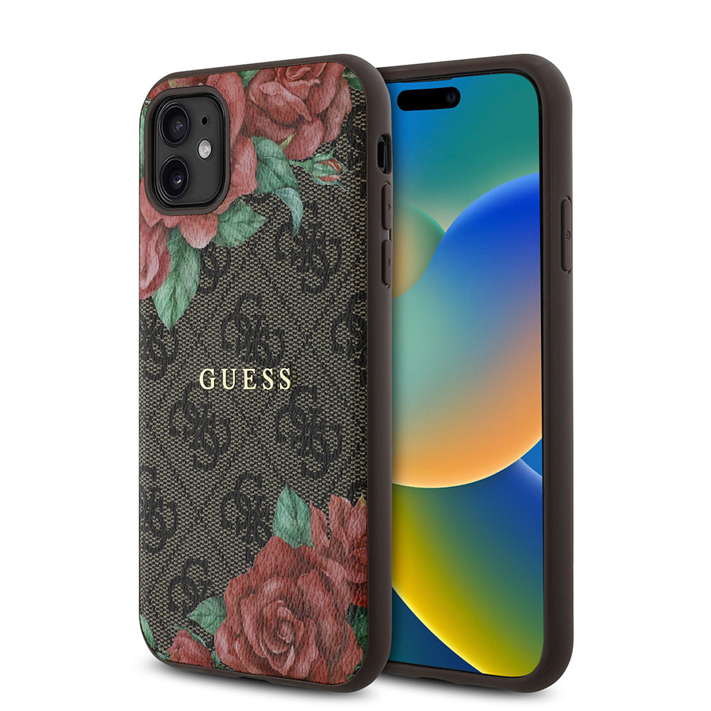 Apple iPhone 11 Kılıf Guess Orjinal Lisanslı M-safe Uyumlu Gül Baskılı 4G Desenli Yazı Logolu Kapak Kahverengi