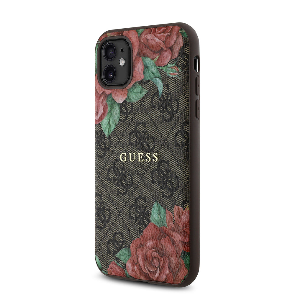 Apple iPhone 11 Kılıf Guess Orjinal Lisanslı M-safe Uyumlu Gül Baskılı 4G Desenli Yazı Logolu Kapak Siyah