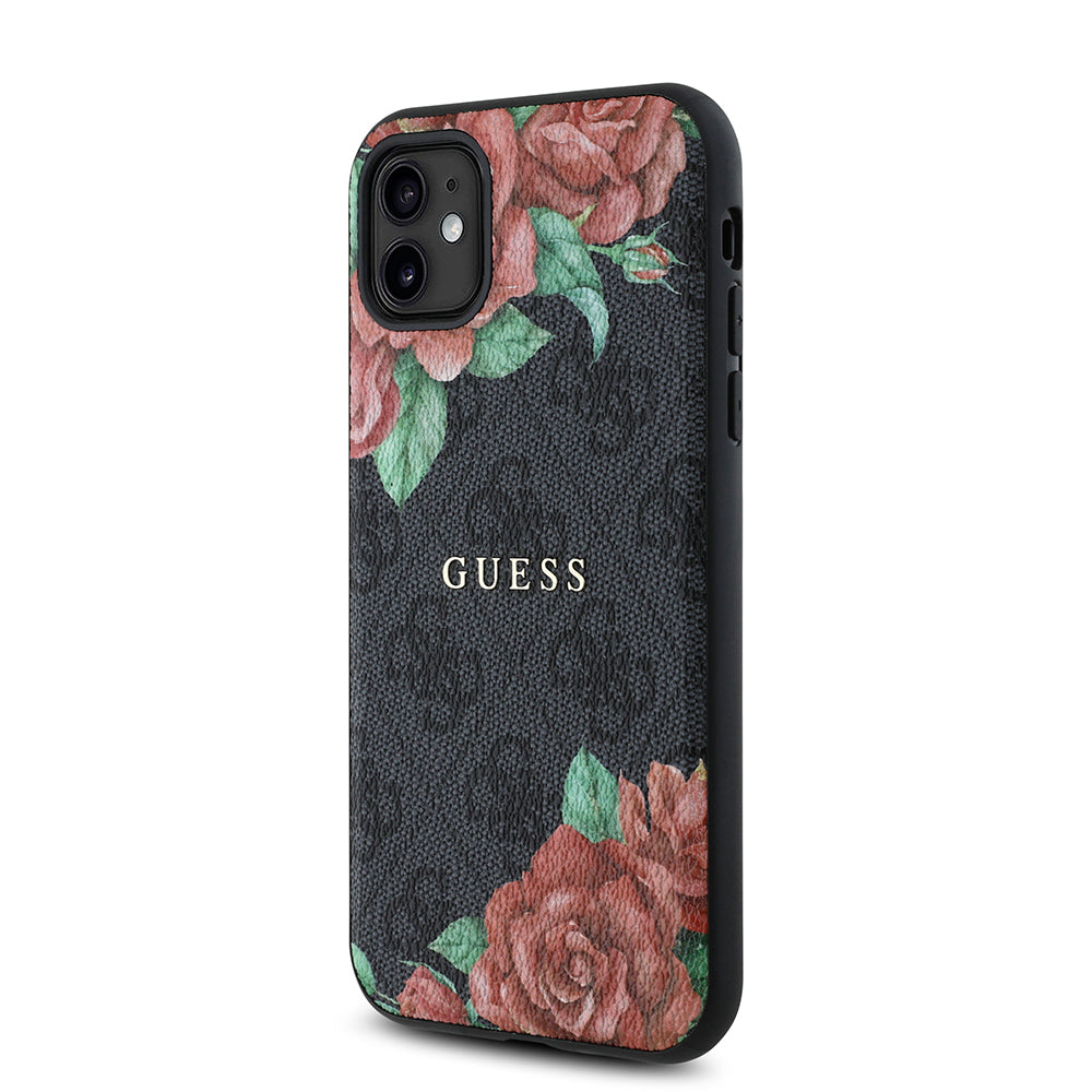 Apple iPhone 11 Kılıf Guess Orjinal Lisanslı M-safe Uyumlu Gül Baskılı 4G Desenli Yazı Logolu Kapak Kahverengi