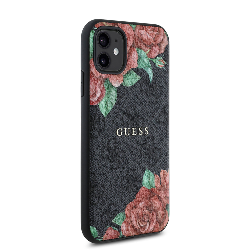 Apple iPhone 11 Kılıf Guess Orjinal Lisanslı M-safe Uyumlu Gül Baskılı 4G Desenli Yazı Logolu Kapak Kahverengi