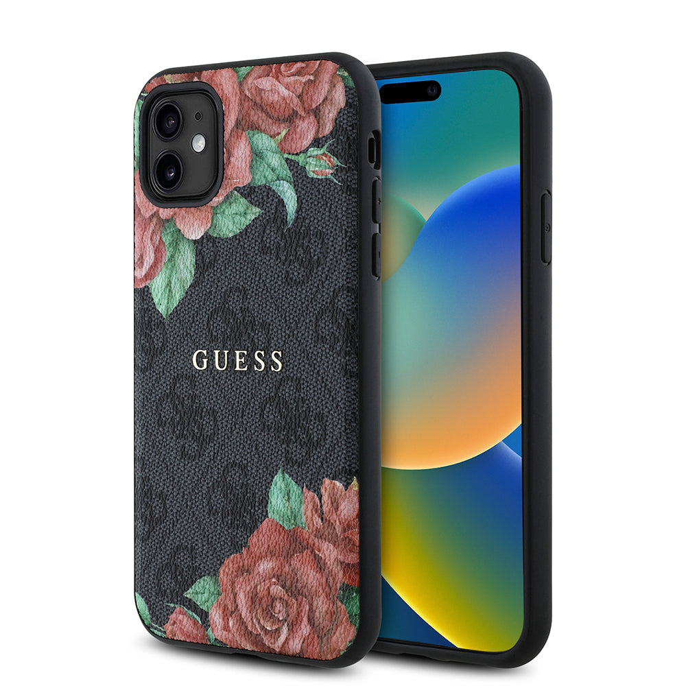 Apple iPhone 11 Kılıf Guess Orjinal Lisanslı M-safe Uyumlu Gül Baskılı 4G Desenli Yazı Logolu Kapak Siyah