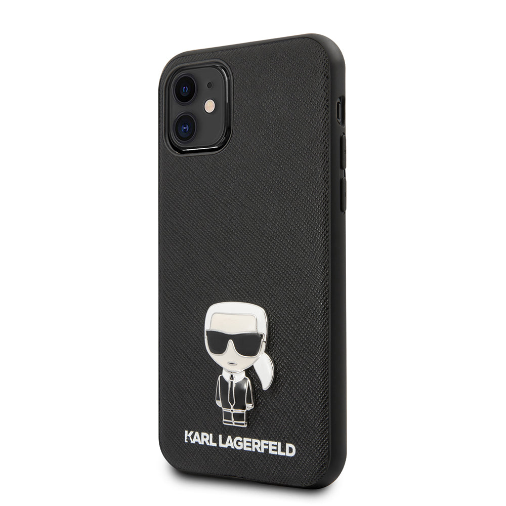 Apple iPhone 11 Kılıf Karl Lagerfeld PU Suni Deri Karl Dizayn Kapak Siyah