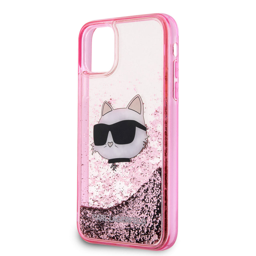 Apple iPhone 11 Kılıf Karl Lagerfeld Sıvılı Simli Choupette Head Dizayn Kapak Pembe