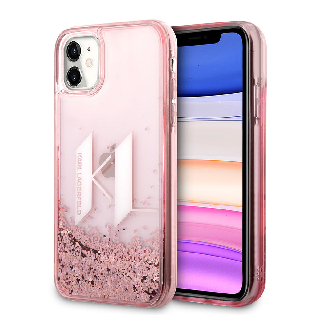 Apple iPhone 11 Kılıf Karl Lagerfeld Sıvılı Simli Dizayn Kapak Pembe