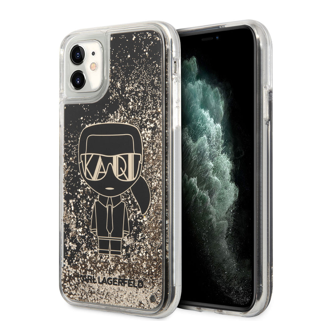 Apple iPhone 11 Kılıf Karl Lagerfeld Sıvılı Simli Gatsby Dizayn Kapak Siyah