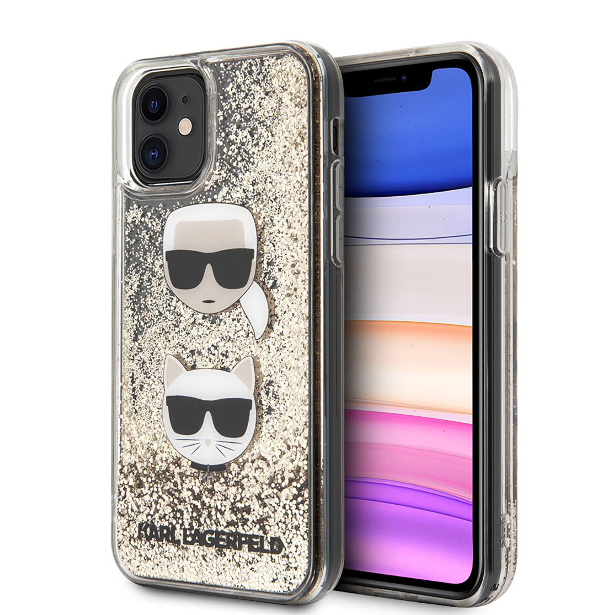 Apple iPhone 11 Kılıf Karl Lagerfeld Sıvılı Simli K&C Head Dizayn Kapak Gold