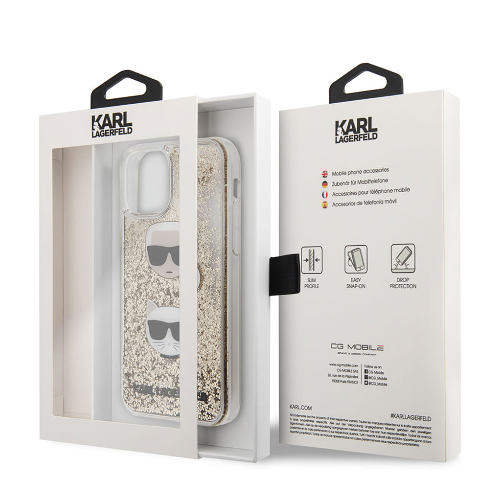 Apple iPhone 11 Kılıf Karl Lagerfeld Sıvılı Simli K&C Head Dizayn Kapak Gold