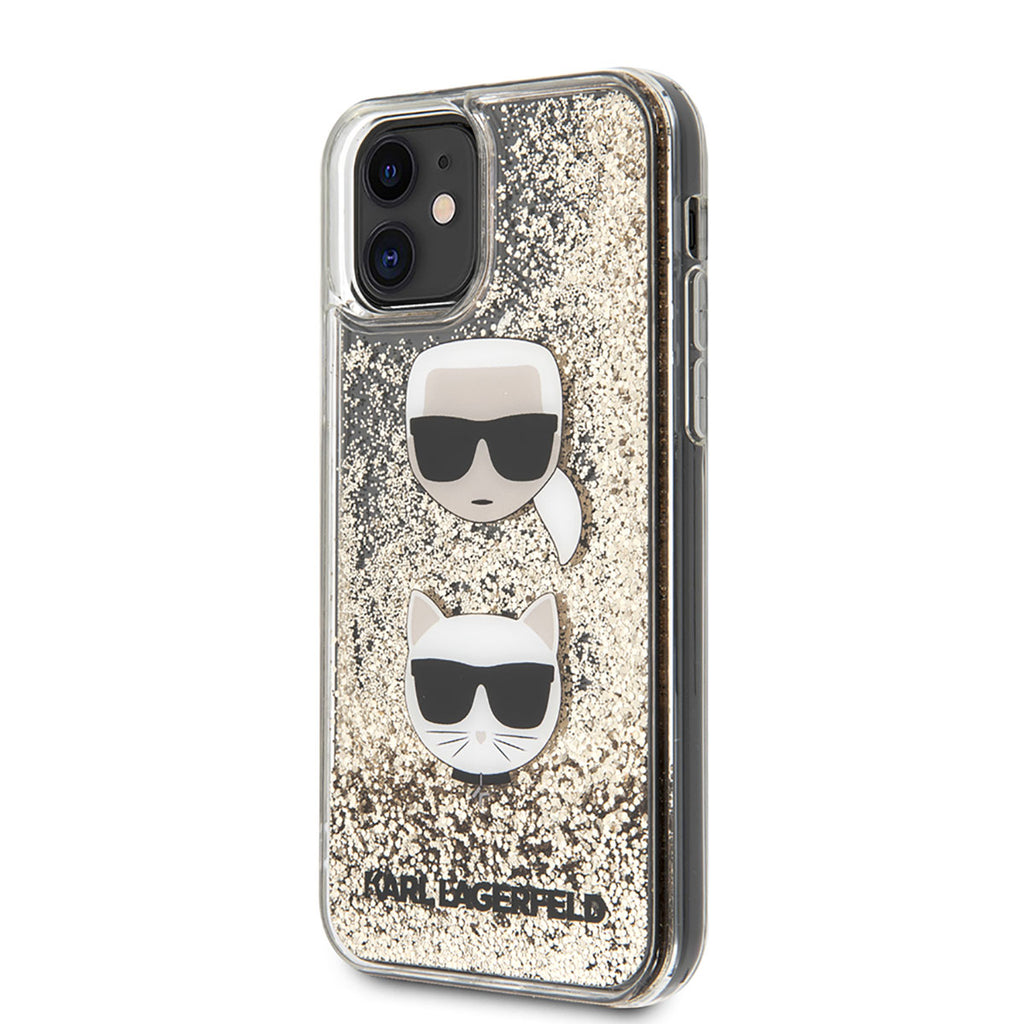 Apple iPhone 11 Kılıf Karl Lagerfeld Sıvılı Simli K&C Head Dizayn Kapak Gold