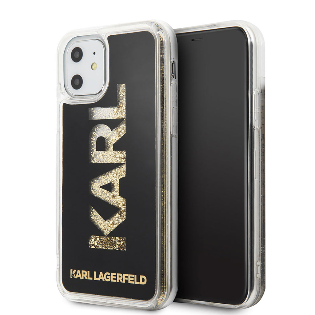 Apple iPhone 11 Kılıf Karl Lagerfeld Sıvılı Simli Logo Dizayn Kapak Siyah-Gold