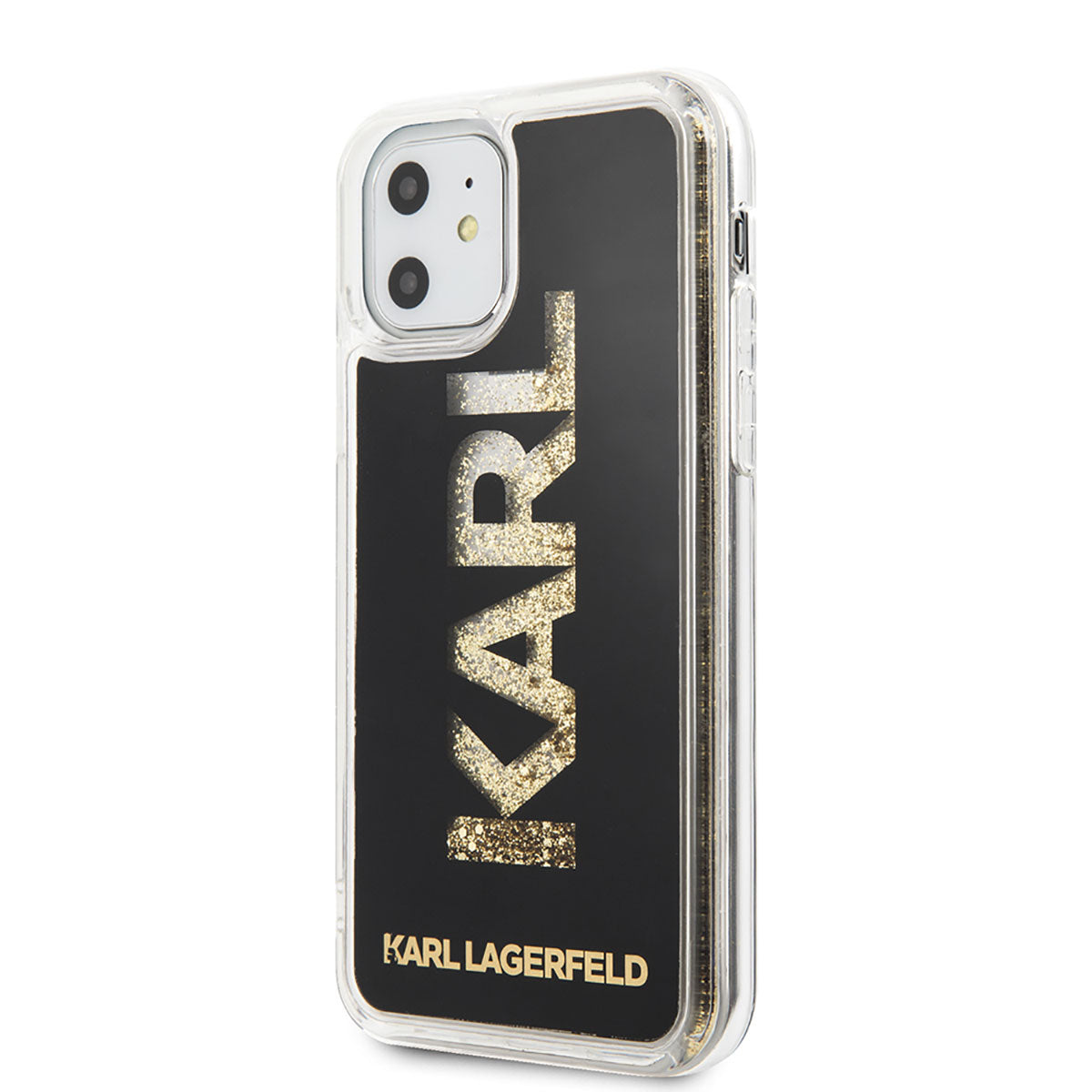 Apple iPhone 11 Kılıf Karl Lagerfeld Sıvılı Simli Logo Dizayn Kapak Siyah-Gold
