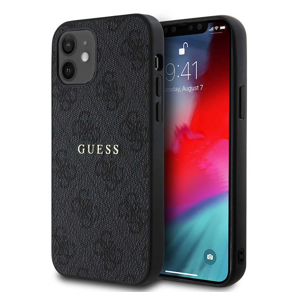 Apple iPhone 12 Kılıf Guess Orjinal Lisanslı M-safe Şarj Özellikli 4G Desen Yazı Logolu Kapak Siyah