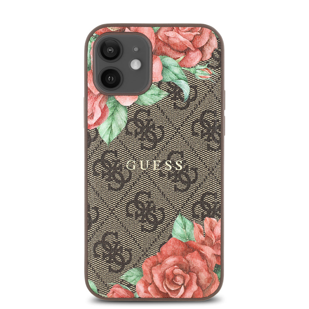 Apple iPhone 12 Kılıf Guess Orjinal Lisanslı M-safe Şarj Özellikli Gül Baskılı 4G Desenli Yazı Logolu Kapak Kahverengi
