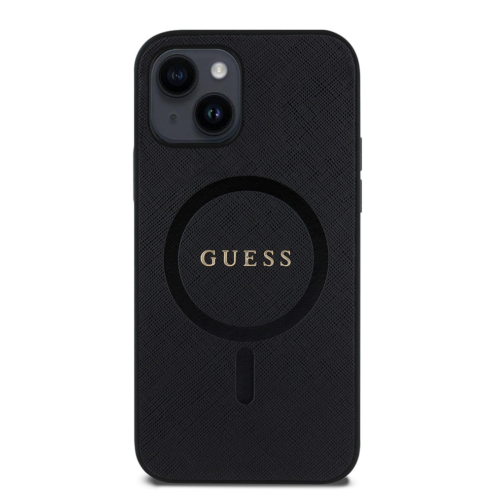 Apple iPhone 12 Kılıf Guess Orjinal Lisanslı M-safe Şarj Özellikli Yazı Logolu Saffiano Classic Kapak Siyah