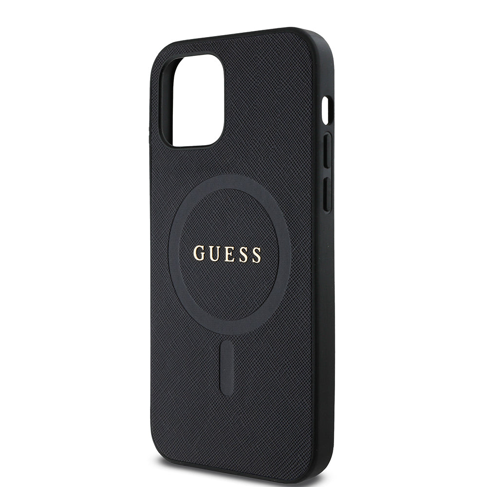 Apple iPhone 12 Kılıf Guess Orjinal Lisanslı M-safe Şarj Özellikli Yazı Logolu Saffiano Classic Kapak Siyah