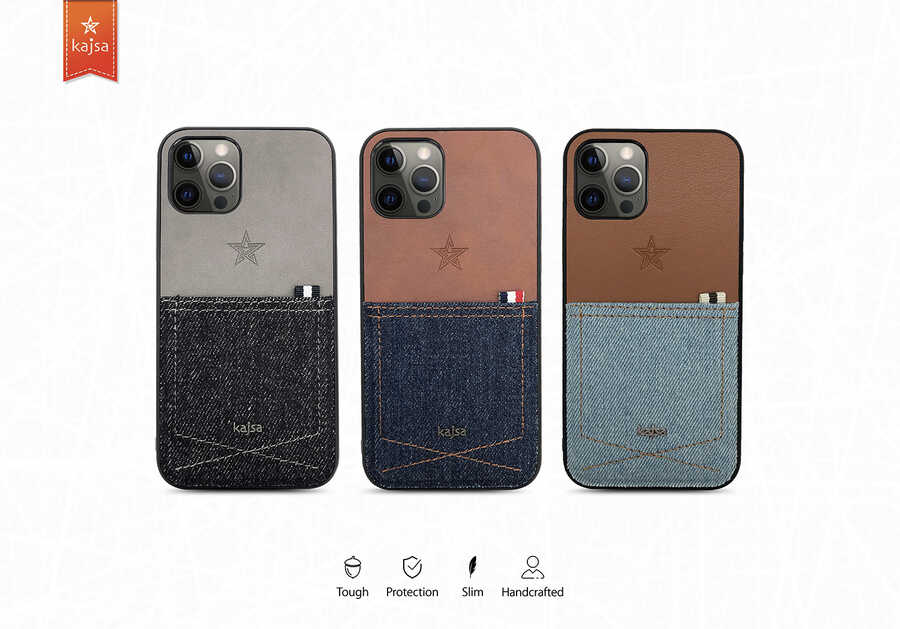 Apple iPhone 12 Kılıf Kajsa Denim Kapak Mavi Açık