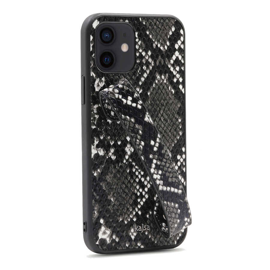 Apple iPhone 12 Kılıf Kajsa Glamorous Serisi Snake Handstrap Kapak Siyah