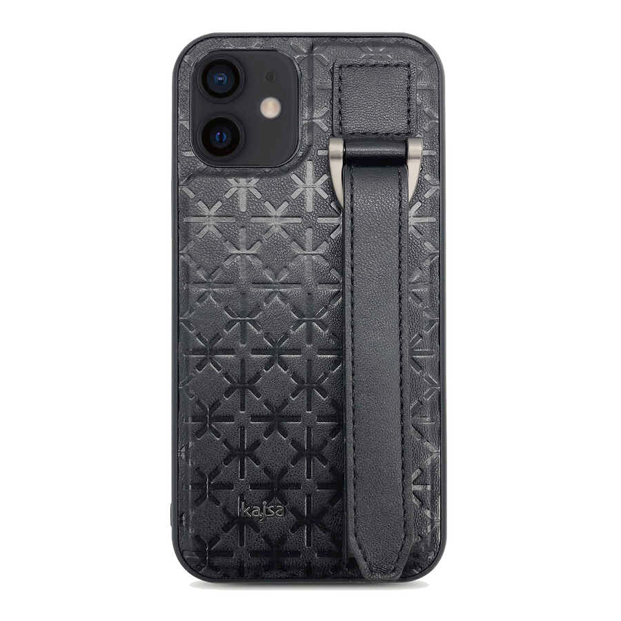 Apple iPhone 12 Kılıf Kajsa Neo Clasic Serisi Mono K Strap Kapak Siyah